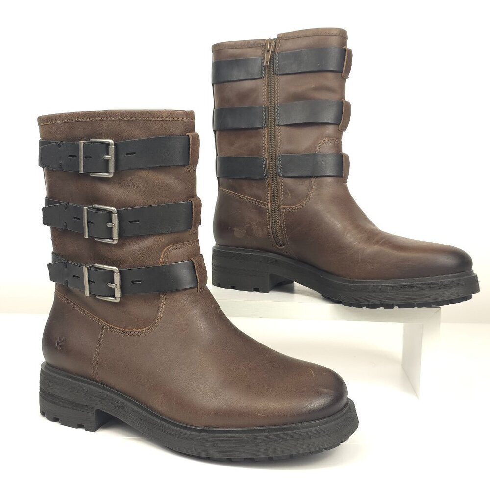 Lucky Brand Cheviss Leather Buckle Strap Lug Sole Moto Boots 8.5